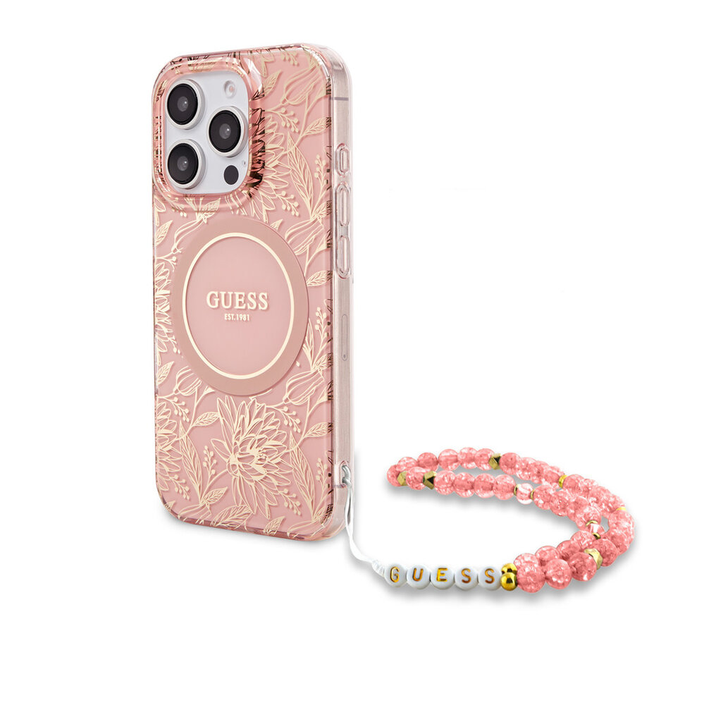 Guess Guess iPhone 16 Pro Back cover case - Magsafe IML - Pearl Strap & Electroplated Flower Design - Pink Guess Guess iPhone 16 Pro Back cover case - Magsafe IML - Pearl Strap & Electroplated Flower Design - Pink