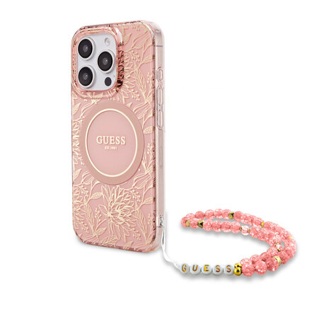 Guess Guess iPhone 16 Pro Back cover case - Magsafe IML - Pearl Strap & Electroplated Flower Design - Pink Guess Guess iPhone 16 Pro Back cover case - Magsafe IML - Pearl Strap & Electroplated Flower Design - Pink