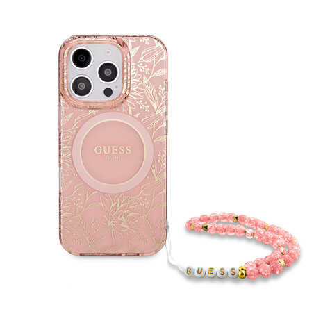 Guess Guess iPhone 16 Pro Back cover case - Magsafe IML - Pearl Strap & Electroplated Flower Design - Pink Guess Guess iPhone 16 Pro Back cover case - Magsafe IML - Pearl Strap & Electroplated Flower Design - Pink