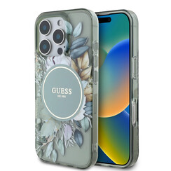 Guess iPhone 16 Pro Max Back cover case - Magsafe IML - Flower Design & Tonal Circle Logo - Green