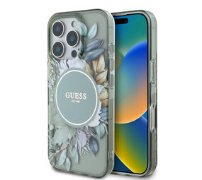 Guess Guess iPhone 16 Pro Max Back cover coque - Magsafe IML - Flower Design & Tonal Circle Logo - Vert Guess Guess iPhone 16 Pro Max Back cover coque - Magsafe IML - Flower Design & Tonal Circle Logo - Vert