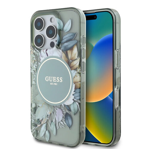 Guess Guess iPhone 16 Pro Max Back cover case - Magsafe IML - Flower Design & Tonal Circle Logo - Green
