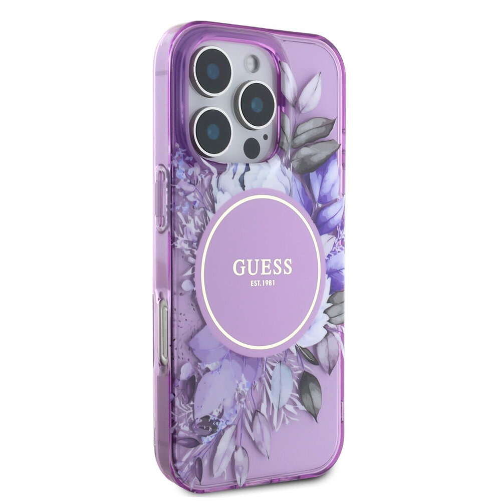 Guess Guess iPhone 16 Pro Max Backcover hoesje - Magsafe IML - Flower Design & Tonal Circle Logo - Paars Guess Guess iPhone 16 Pro Max Backcover hoesje - Magsafe IML - Flower Design & Tonal Circle Logo - Paars