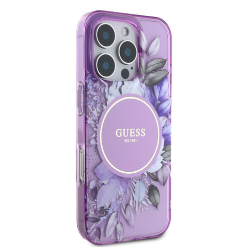 Guess Guess iPhone 16 Pro Max Back-Cover hul - Magsafe IML - Flower Design & Tonal Circle Logo - Lila