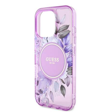 Guess Guess iPhone 16 Pro Max Back cover coque - Magsafe IML - Flower Design & Tonal Circle Logo - Violet Guess Guess iPhone 16 Pro Max Back cover coque - Magsafe IML - Flower Design & Tonal Circle Logo - Violet