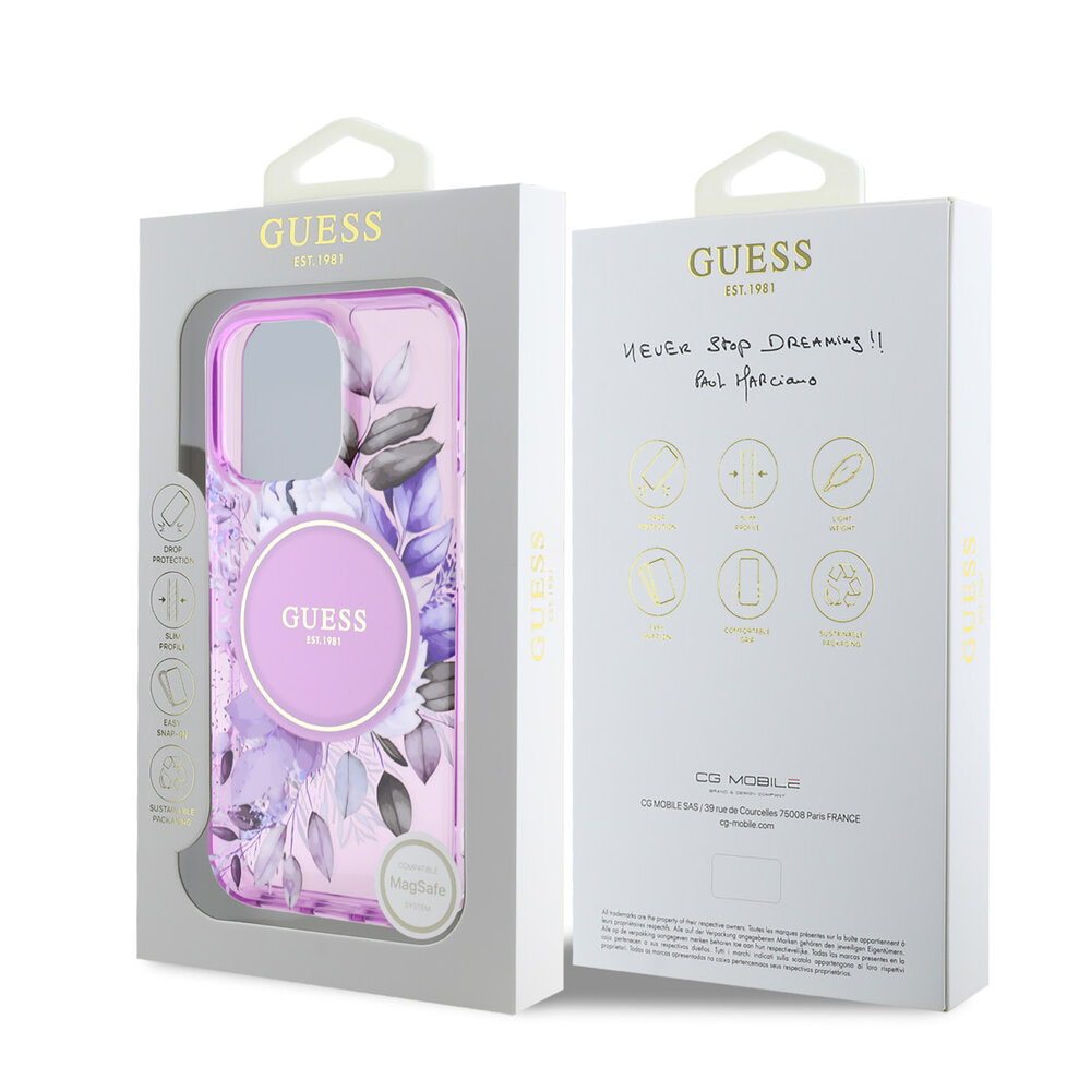 Guess Guess iPhone 16 Pro Max Backcover hoesje - Magsafe IML - Flower Design & Tonal Circle Logo - Paars Guess Guess iPhone 16 Pro Max Backcover hoesje - Magsafe IML - Flower Design & Tonal Circle Logo - Paars