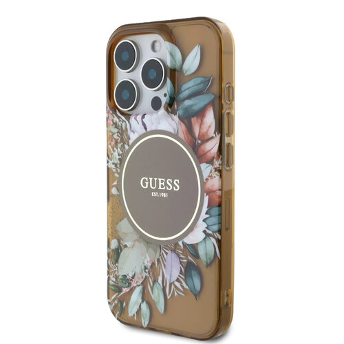 Guess Guess iPhone 16 Pro Max Backcover hoesje - Magsafe IML - Flower Design & Tonal Circle Logo - Bruin