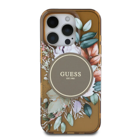 Guess Guess iPhone 16 Pro Max Backcover hoesje - Magsafe IML - Flower Design & Tonal Circle Logo - Bruin Guess Guess iPhone 16 Pro Max Backcover hoesje - Magsafe IML - Flower Design & Tonal Circle Logo - Bruin