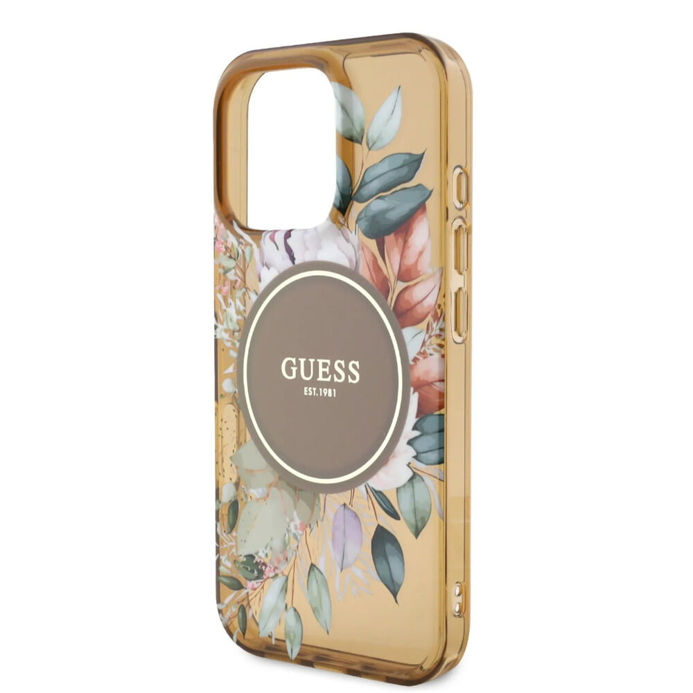 Guess Guess iPhone 16 Pro Max Backcover hoesje - Magsafe IML - Flower Design & Tonal Circle Logo - Bruin Guess Guess iPhone 16 Pro Max Backcover hoesje - Magsafe IML - Flower Design & Tonal Circle Logo - Bruin