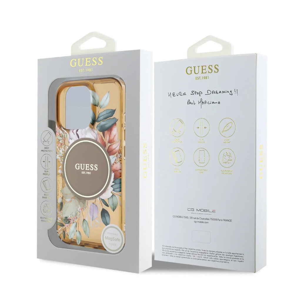 Guess Guess iPhone 16 Pro Max Backcover hoesje - Magsafe IML - Flower Design & Tonal Circle Logo - Bruin Guess Guess iPhone 16 Pro Max Backcover hoesje - Magsafe IML - Flower Design & Tonal Circle Logo - Bruin