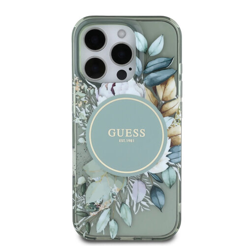 Guess Guess iPhone 16 Pro Backcover hoesje - Magsafe IML - Flower Design & Tonal Circle Logo - Groen