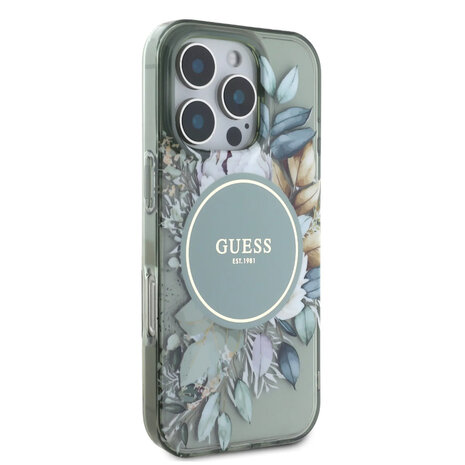 Guess Guess iPhone 16 Pro Back cover case - Magsafe IML - Flower Design & Tonal Circle Logo - Green Guess Guess iPhone 16 Pro Back cover case - Magsafe IML - Flower Design & Tonal Circle Logo - Green