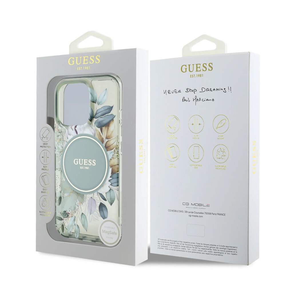 Guess Guess iPhone 16 Pro Back cover case - Magsafe IML - Flower Design & Tonal Circle Logo - Green Guess Guess iPhone 16 Pro Back cover case - Magsafe IML - Flower Design & Tonal Circle Logo - Green