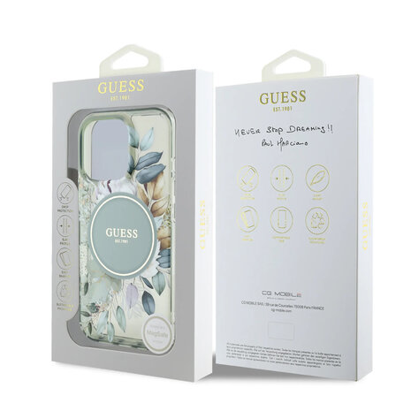 Guess Guess iPhone 16 Pro Back cover case - Magsafe IML - Flower Design & Tonal Circle Logo - Green Guess Guess iPhone 16 Pro Back cover case - Magsafe IML - Flower Design & Tonal Circle Logo - Green