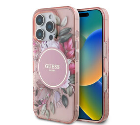 Guess Guess iPhone 16 Pro Back cover case - Magsafe IML - Flower Design & Tonal Circle Logo - Pink Guess Guess iPhone 16 Pro Back cover case - Magsafe IML - Flower Design & Tonal Circle Logo - Pink