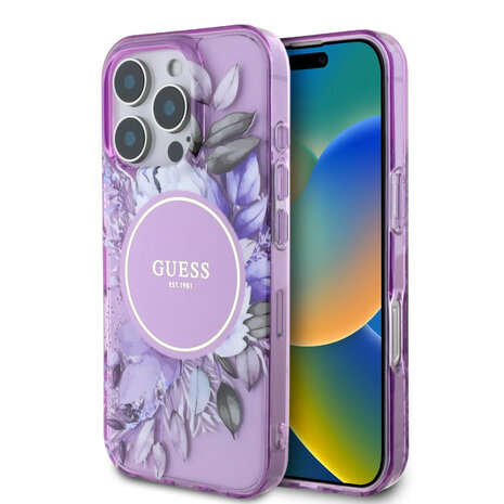 Guess Guess iPhone 16 Pro Backcover hoesje - Magsafe IML - Flower Design & Tonal Circle Logo - Paars Guess Guess iPhone 16 Pro Backcover hoesje - Magsafe IML - Flower Design & Tonal Circle Logo - Paars