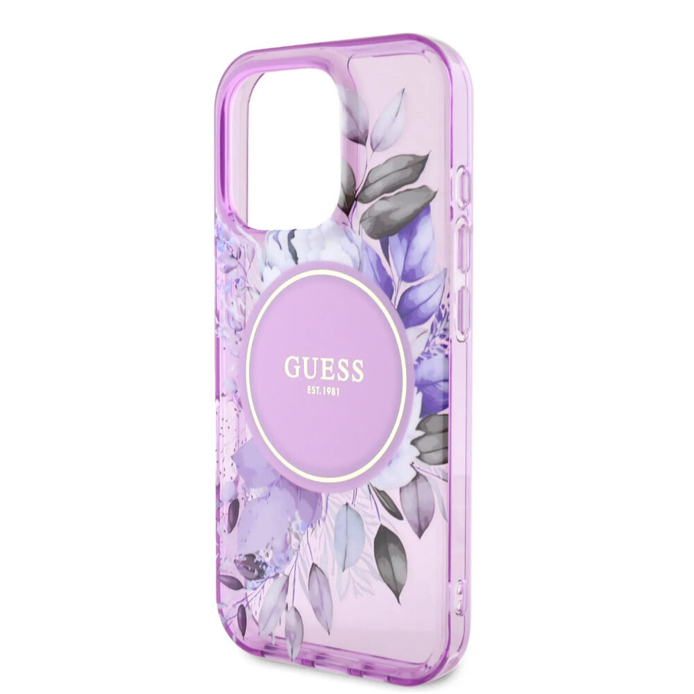 Guess Guess iPhone 16 Pro Backcover hoesje - Magsafe IML - Flower Design & Tonal Circle Logo - Paars Guess Guess iPhone 16 Pro Backcover hoesje - Magsafe IML - Flower Design & Tonal Circle Logo - Paars