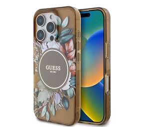 Guess Guess iPhone 16 Pro Back cover case - Magsafe IML - Flower Design & Tonal Circle Logo - Brown Guess Guess iPhone 16 Pro Back cover case - Magsafe IML - Flower Design & Tonal Circle Logo - Brown
