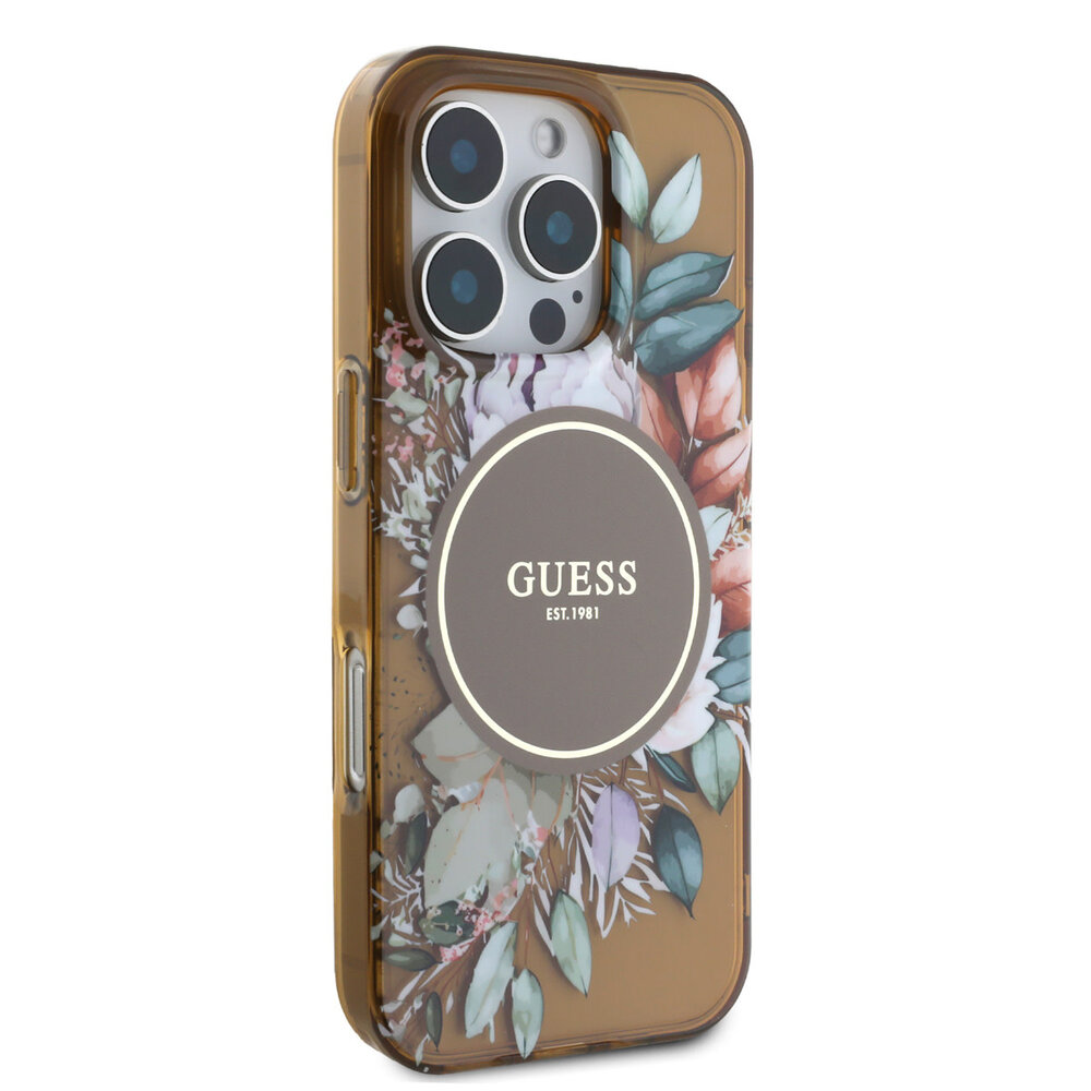 Guess Guess iPhone 16 Pro Backcover hoesje - Magsafe IML - Flower Design & Tonal Circle Logo - Bruin Guess Guess iPhone 16 Pro Backcover hoesje - Magsafe IML - Flower Design & Tonal Circle Logo - Bruin