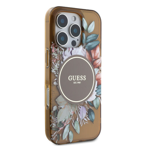 Guess Guess iPhone 16 Pro Backcover hoesje - Magsafe IML - Flower Design & Tonal Circle Logo - Bruin