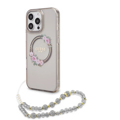 Guess iPhone 16 Pro Back cover case - Magsafe IML - Flower Wreath Design & Pearl Strap - Black