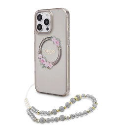 Guess Guess iPhone 16 Pro Back cover case - Magsafe IML - Flower Wreath Design & Pearl Strap - Black Guess Guess iPhone 16 Pro Back cover case - Magsafe IML - Flower Wreath Design & Pearl Strap - Black