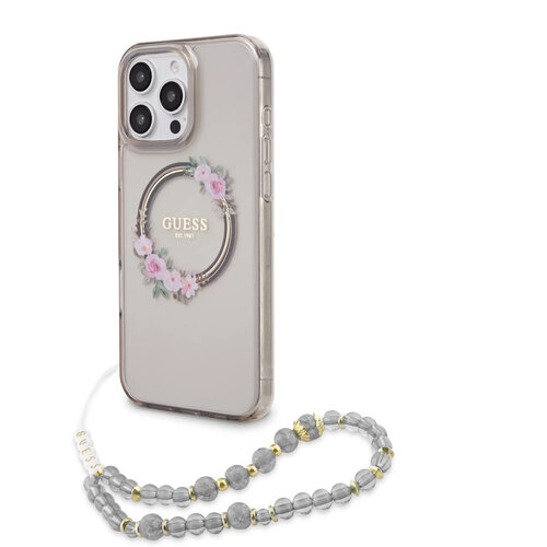 Guess Guess iPhone 16 Pro Backcover hoesje - Magsafe IML - Flower Wreath Design & Pearl Strap - Zwart