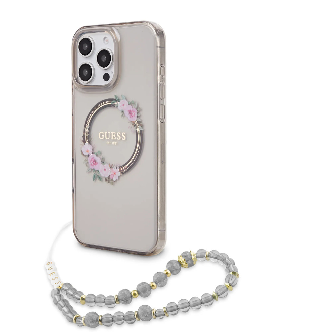 Guess Guess iPhone 16 Pro Backcover hoesje - Magsafe IML - Flower Wreath Design & Pearl Strap - Zwart