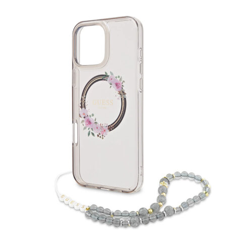 Guess Guess iPhone 16 Pro Back cover case - Magsafe IML - Flower Wreath Design & Pearl Strap - Black