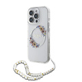 Guess Guess iPhone 16 Pro Back cover case - Magsafe IML - Flower Wreath Design & Pearl Strap - Transparent
