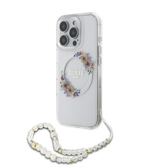 Guess iPhone 16 Pro Back cover coque - Magsafe IML - Flower Wreath Design & Pearl Strap - Transparent