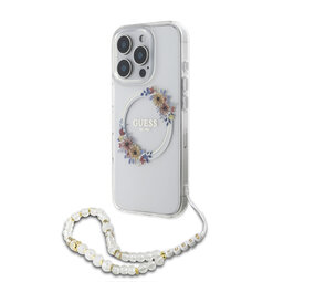 Guess Guess iPhone 16 Pro Back cover case - Magsafe IML - Flower Wreath Design & Pearl Strap - Transparent Guess Guess iPhone 16 Pro Back cover case - Magsafe IML - Flower Wreath Design & Pearl Strap - Transparent