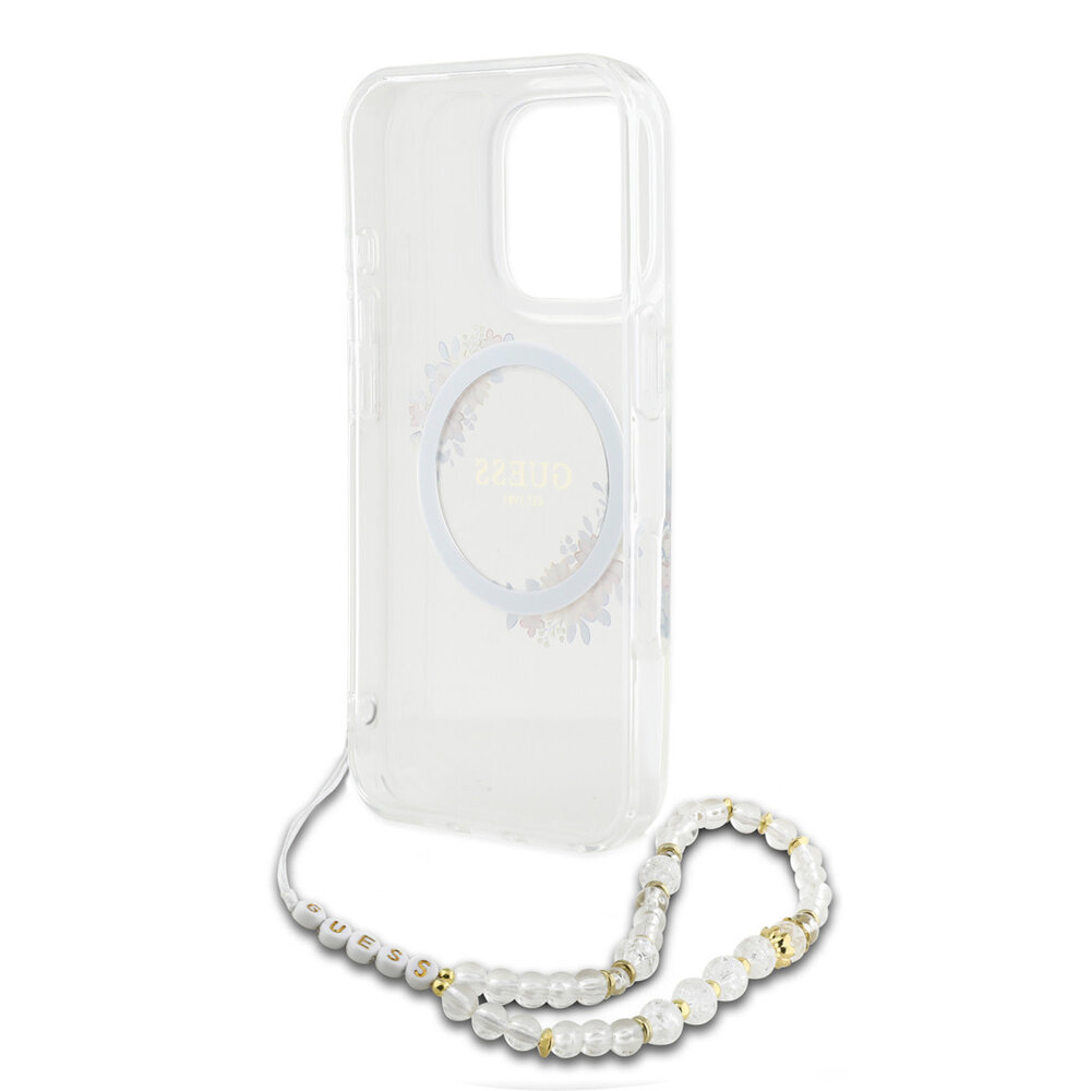 Guess Guess iPhone 16 Pro Back cover coque - Magsafe IML - Flower Wreath Design & Pearl Strap - Transparent Guess Guess iPhone 16 Pro Back cover coque - Magsafe IML - Flower Wreath Design & Pearl Strap - Transparent