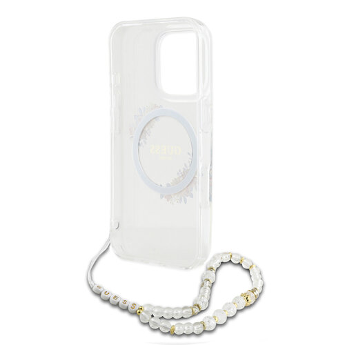 Guess Guess iPhone 16 Pro Back cover case - Magsafe IML - Flower Wreath Design & Pearl Strap - Transparent
