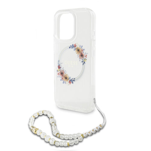 Guess Guess iPhone 16 Pro Backcover hoesje - Magsafe IML - Flower Wreath Design & Pearl Strap - Transparant