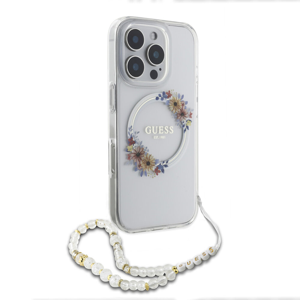 Guess Guess iPhone 16 Pro Back cover coque - Magsafe IML - Flower Wreath Design & Pearl Strap - Transparent Guess Guess iPhone 16 Pro Back cover coque - Magsafe IML - Flower Wreath Design & Pearl Strap - Transparent
