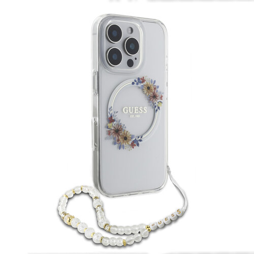 Guess Guess iPhone 16 Pro Backcover hoesje - Magsafe IML - Flower Wreath Design & Pearl Strap - Transparant
