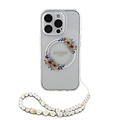 Guess Guess iPhone 16 Pro Back cover case - Magsafe IML - Flower Wreath Design & Pearl Strap - Transparent