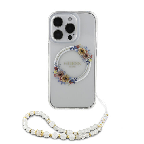 Guess Guess iPhone 16 Pro Backcover hoesje - Magsafe IML - Flower Wreath Design & Pearl Strap - Transparant