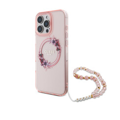 Guess iPhone 16 Pro Backcover hoesje - Magsafe IML - Flower Wreath Design & Pearl Strap - Roze