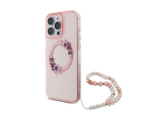 Guess Guess iPhone 16 Pro Back cover case - Magsafe IML - Flower Wreath Design & Pearl Strap - Pink Guess Guess iPhone 16 Pro Back cover case - Magsafe IML - Flower Wreath Design & Pearl Strap - Pink