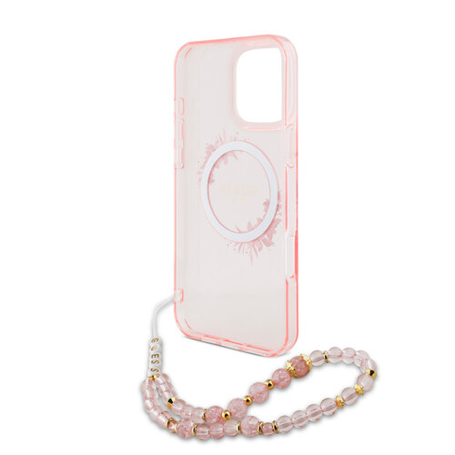 Guess Guess iPhone 16 Pro Backcover hoesje - Magsafe IML - Flower Wreath Design & Pearl Strap - Roze