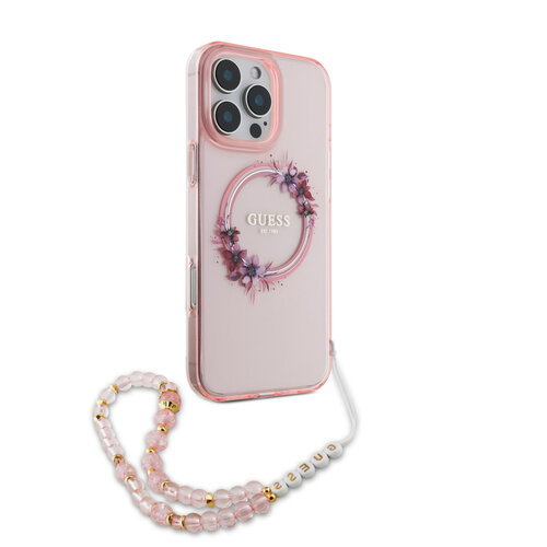 Guess Guess iPhone 16 Pro Back cover case - Magsafe IML - Flower Wreath Design & Pearl Strap - Pink