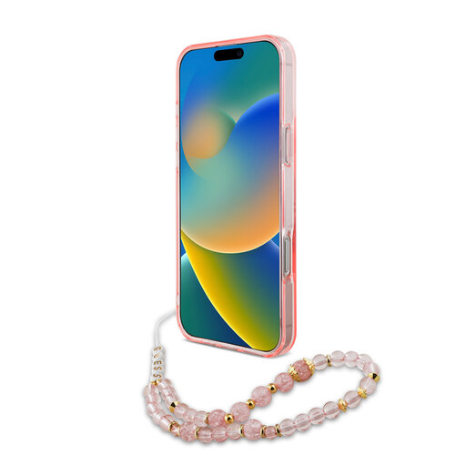 Guess Guess iPhone 16 Pro Back cover case - Magsafe IML - Flower Wreath Design & Pearl Strap - Pink