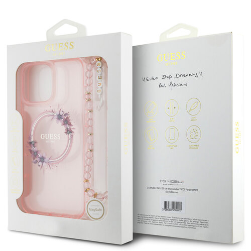 Guess Guess iPhone 16 Pro Back cover case - Magsafe IML - Flower Wreath Design & Pearl Strap - Pink
