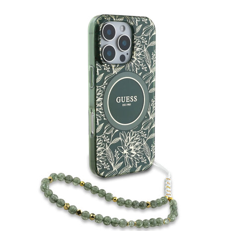Guess Guess iPhone 16 Pro Max Back-Cover hul - Magsafe IML - Pearl Strap & Electroplated Flower Design - Grün Guess Guess iPhone 16 Pro Max Back-Cover hul - Magsafe IML - Pearl Strap & Electroplated Flower Design - Grün