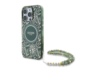 Guess Guess iPhone 16 Pro Max Backcover hoesje - Magsafe IML - Pearl Strap & Electroplated Flower Design - Groen Guess Guess iPhone 16 Pro Max Backcover hoesje - Magsafe IML - Pearl Strap & Electroplated Flower Design - Groen