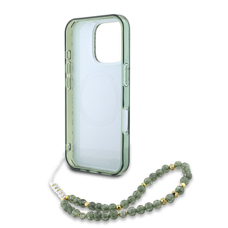 Guess Guess iPhone 16 Pro Back cover coque - Magsafe IML - Pearl Strap & Electroplated Flower Design - Vert Guess Guess iPhone 16 Pro Back cover coque - Magsafe IML - Pearl Strap & Electroplated Flower Design - Vert