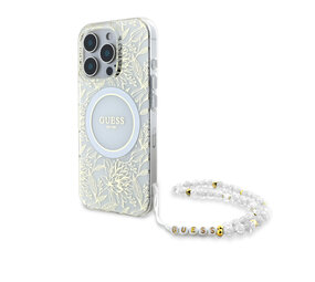 Guess Guess iPhone 16 Pro Back cover case - Magsafe IML - Pearl Strap & Electroplated Flower Design - White Guess Guess iPhone 16 Pro Back cover case - Magsafe IML - Pearl Strap & Electroplated Flower Design - White