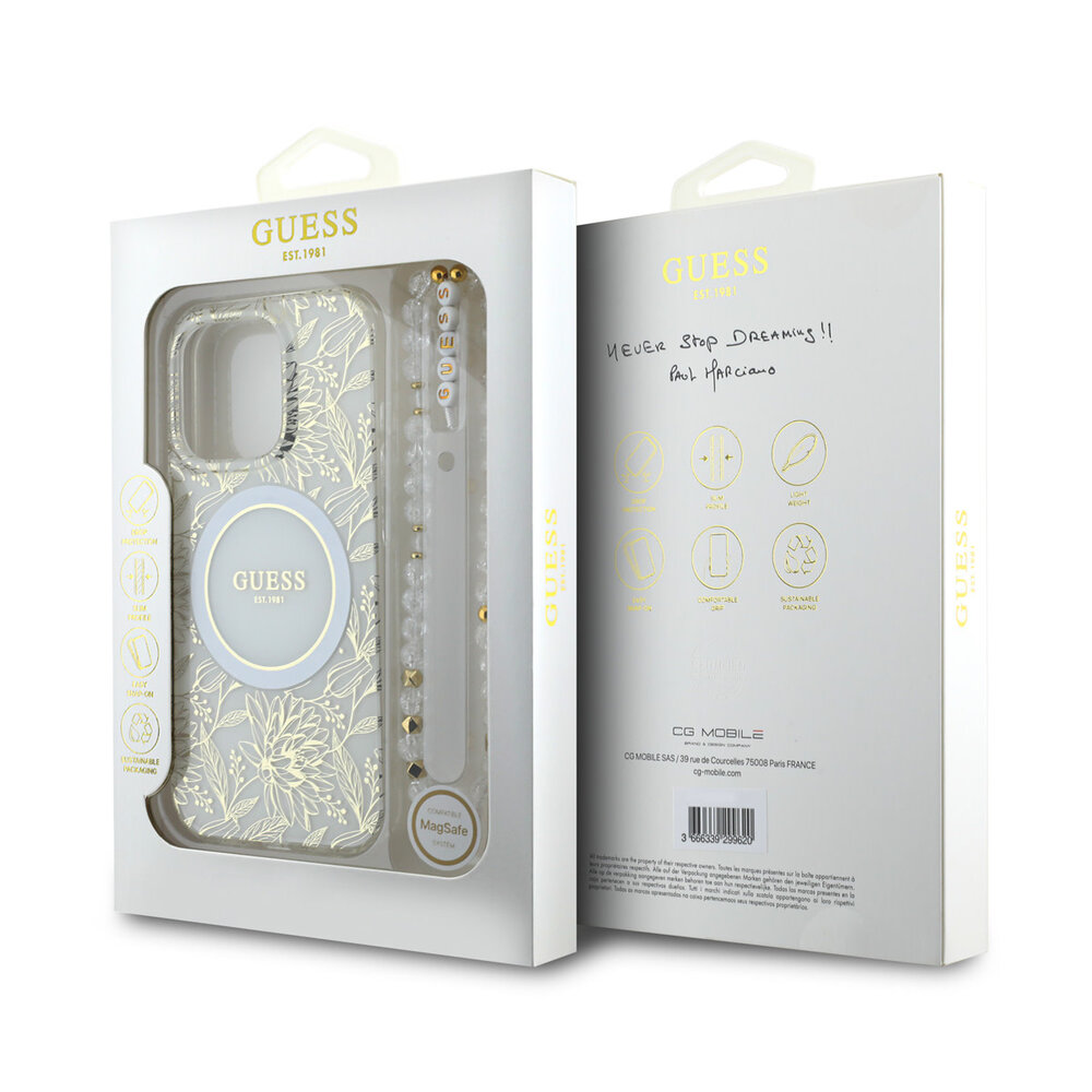 Guess Guess iPhone 16 Pro Back-Cover hul - Magsafe IML - Pearl Strap & Electroplated Flower Design - Weiß Guess Guess iPhone 16 Pro Back-Cover hul - Magsafe IML - Pearl Strap & Electroplated Flower Design - Weiß